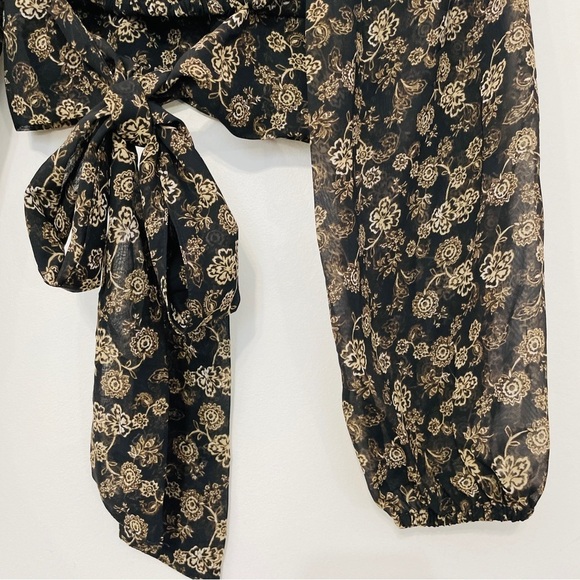 💫 Off the Shoulder Paisley Wrap Bow Back Peasant Sheer Sleeve Crop Top Blouse - Picture 3 of 5